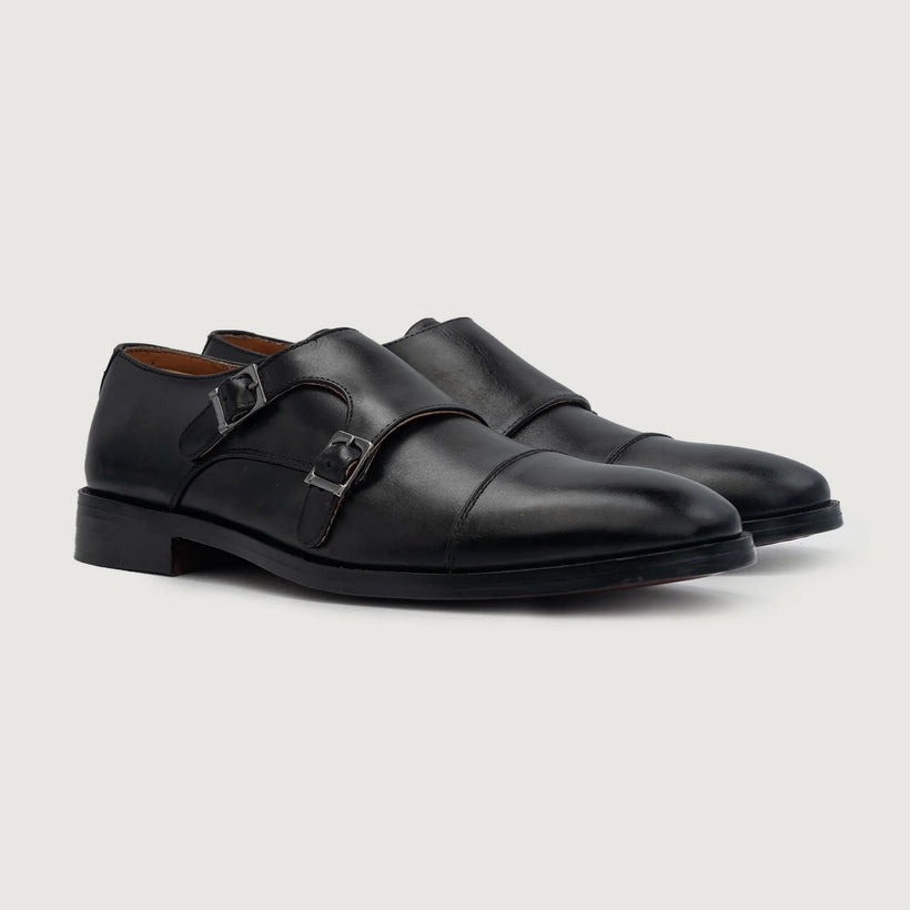 Boston Double Monk Strap Noir Leather Shoes pour Homme