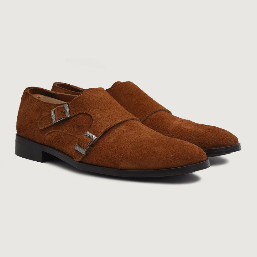 Boston Double Monk Strap Marron Suede Leather Shoes pour Homme