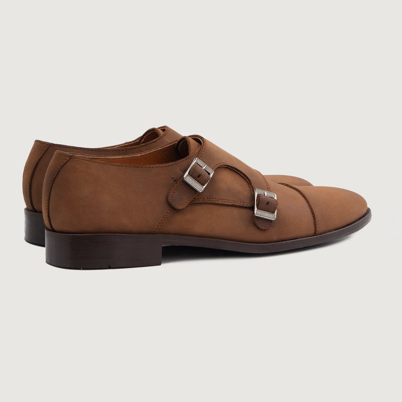 Boston Double Monk Strap Oil Pull-up Marron Leather Shoes pour Homme