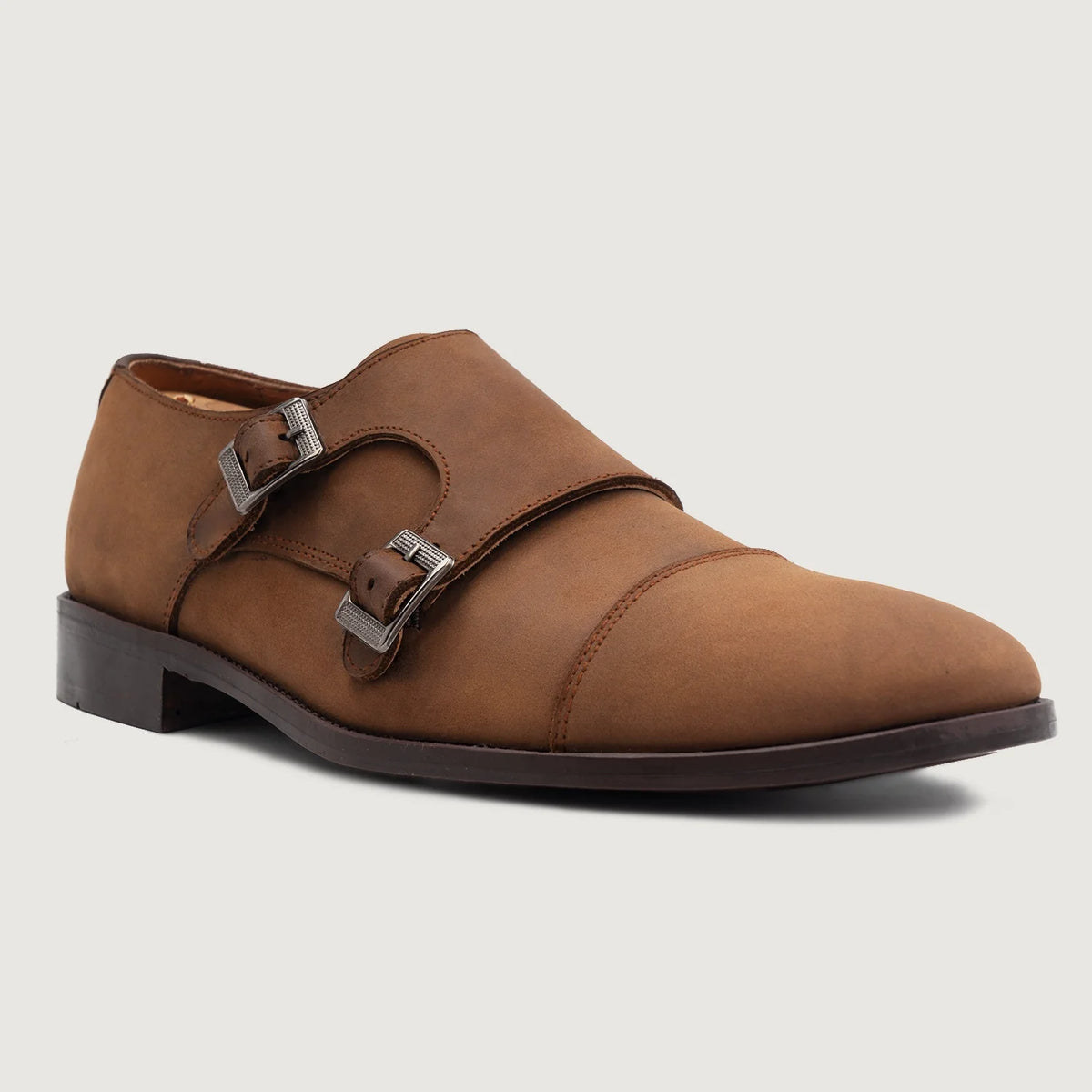 High-Traction Rubber Outsole & Lug Tread Pattern on Boston Chaussures à double boucle Oil Pull-up Marron Chaussures en cuir For Men