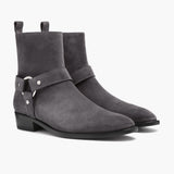 Harness Grey Suede Leather Boots in Grey Goatskin Suede - Lateral Side Profile View | Buy Online