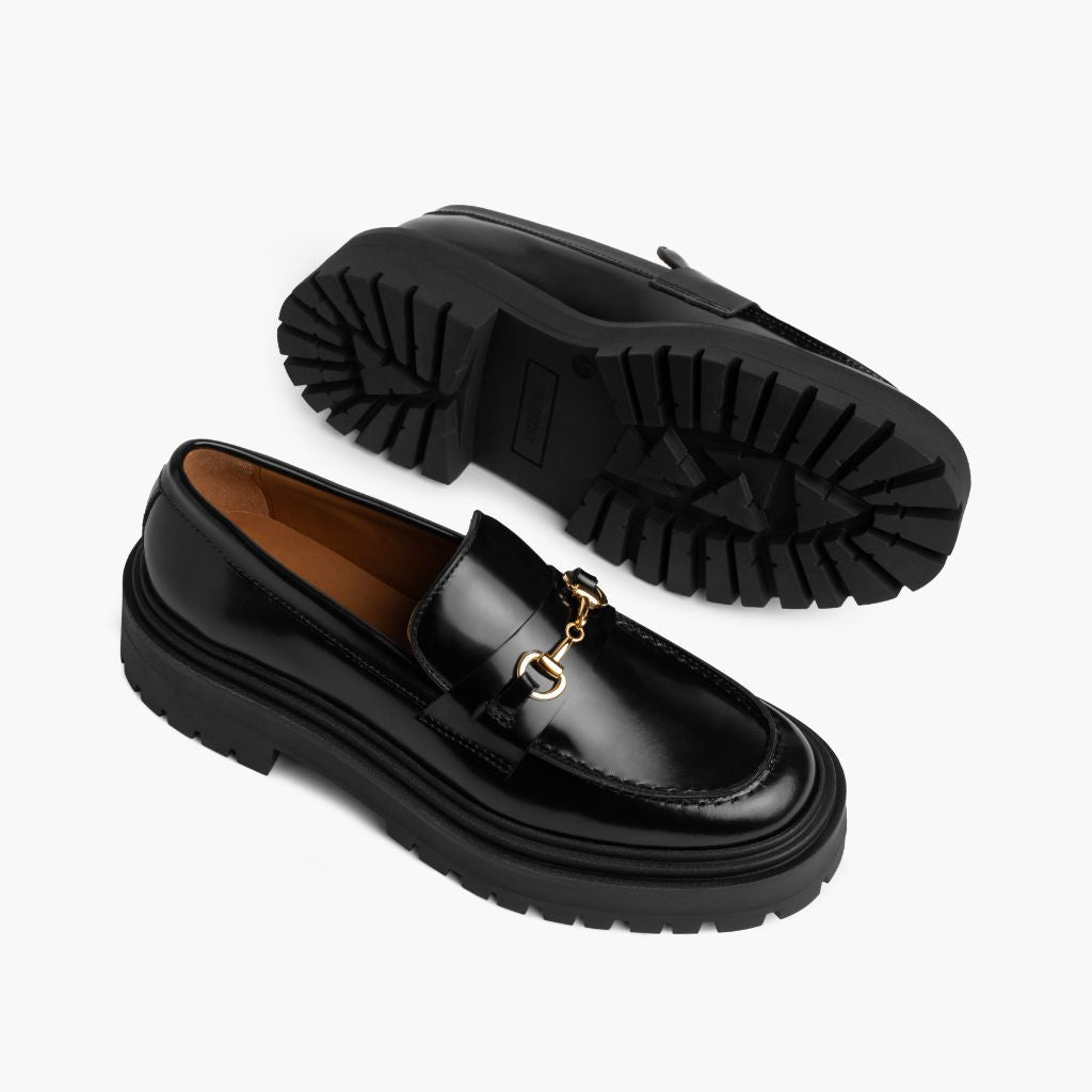 High-Traction Rubber Outsole & Lug Tread Pattern on Penny Platform Noir & Gold Mocassins en cuir pour Femme