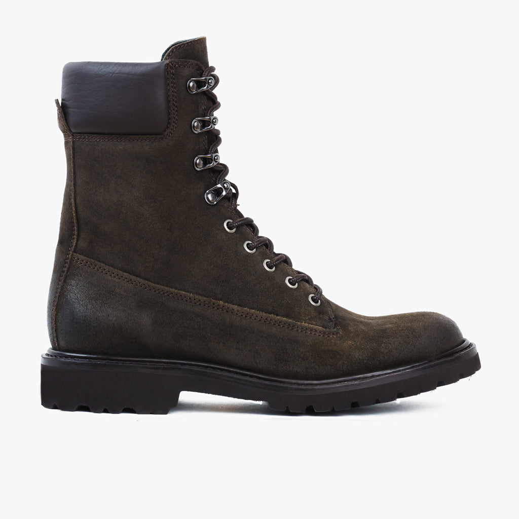 Olive Goatskin Suede Leather Boots - Montage cousu Goodyear & détail de l'embout avant