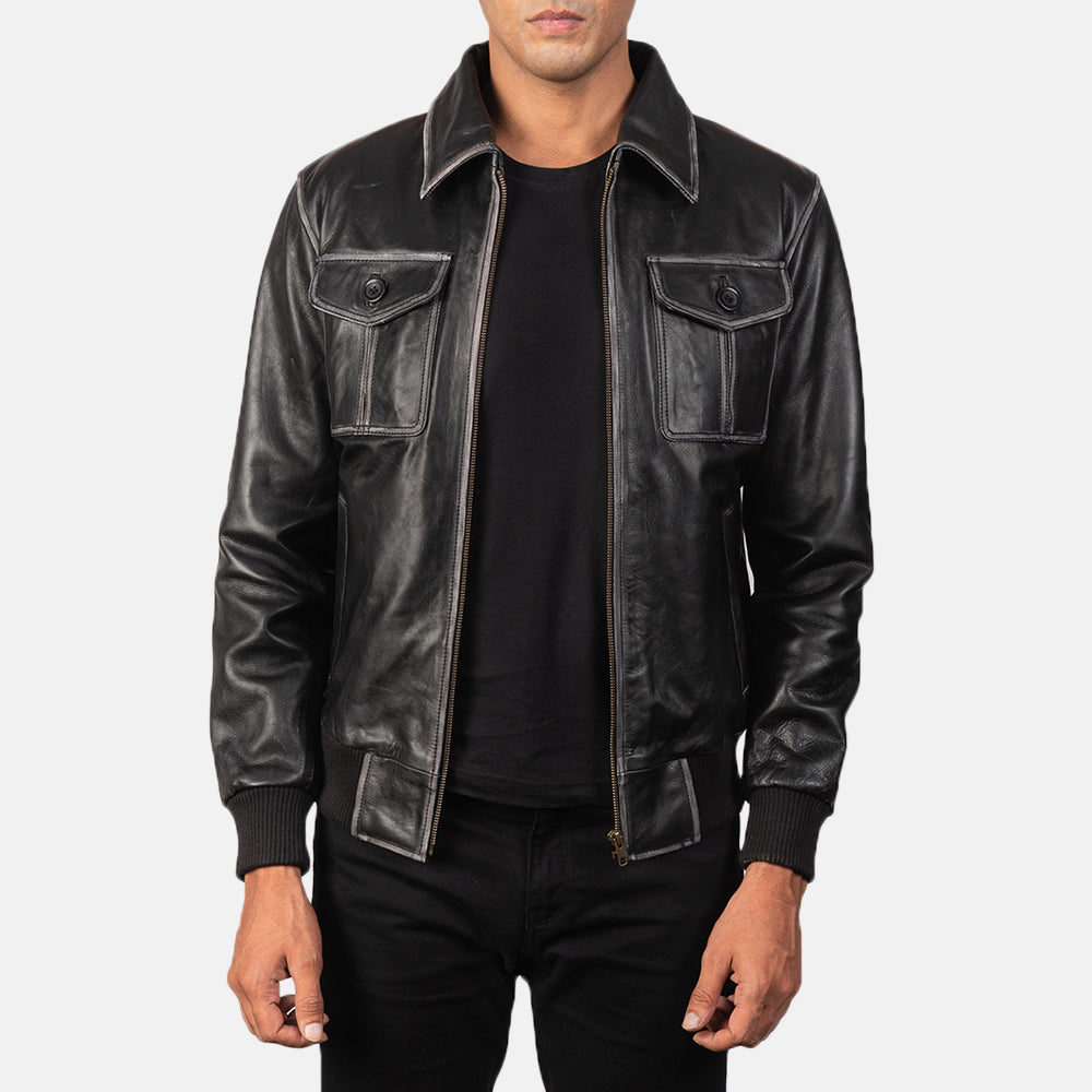 Men's Aaron Distressed Black Leather Bomber Jacket in Black Cowhide Leather - Vue de face &amp; silhouette ajustée | Acheter en ligne