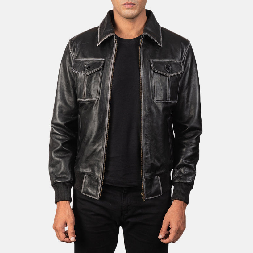 Aaron Noir Blouson Bomber en Cuir pour Homme