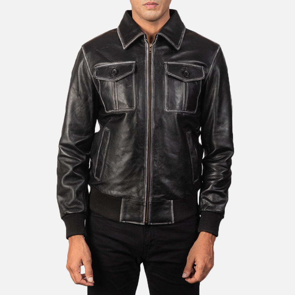 Vue détaillée of High Neck &amp; Zipper Hardware on Men's Aaron Distressed Black Leather Bomber Jacket