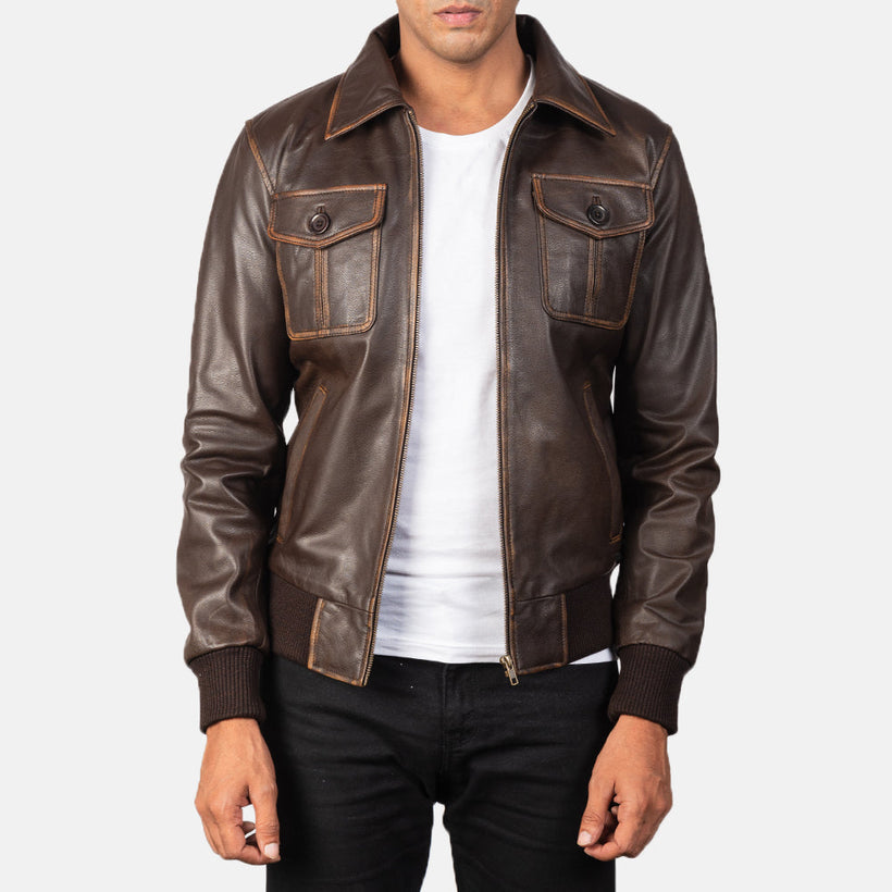 Aaron Marron Blouson Bomber en Cuir pour Homme