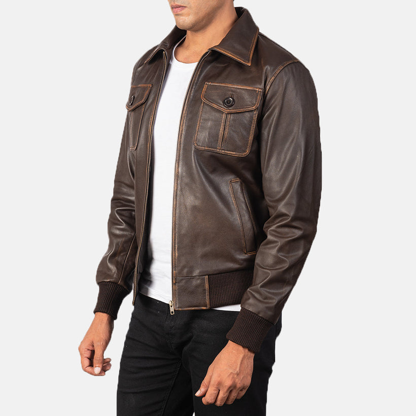Aaron Marron Blouson Bomber en Cuir pour Homme