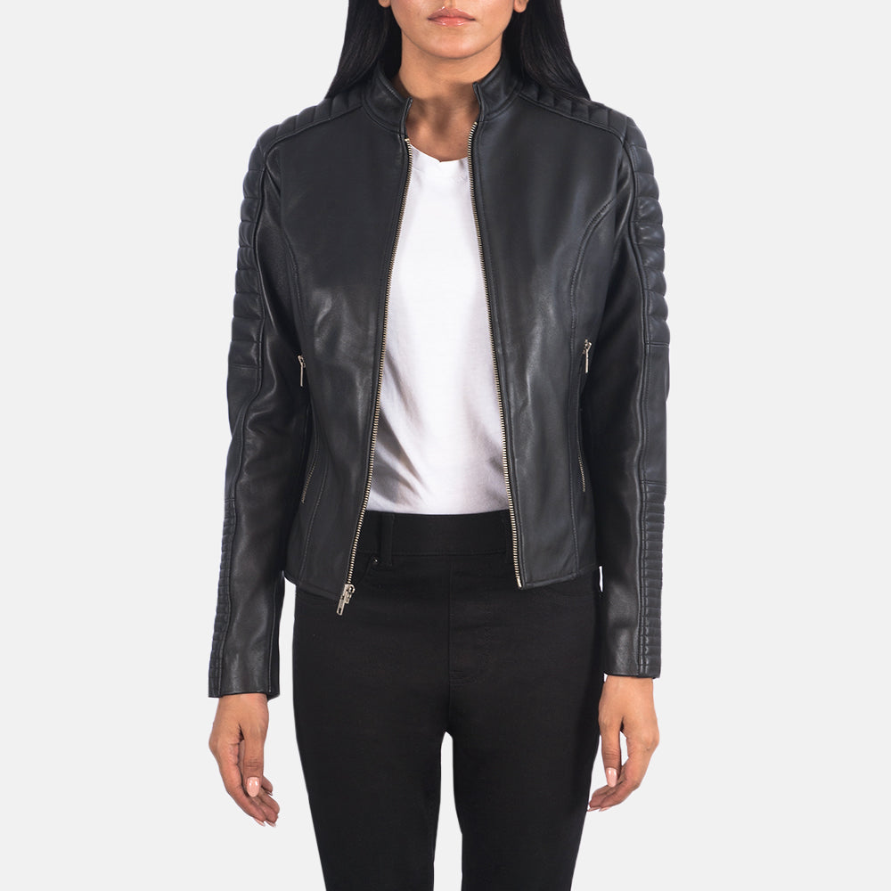 Women's Adalyn Quilted Black Leather Biker Jacket in Black Sheepskin Leather - Front Profile View & Tailored Silhouette | Buy Online