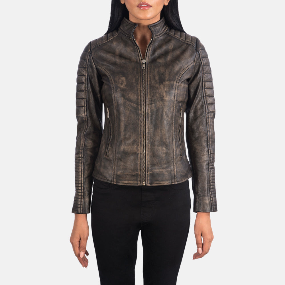 
Vue détaillée of Band & Zipper Hardware on Adalyn Matelassé Marron Vieilli Veste Motard en Cuir pour Femme