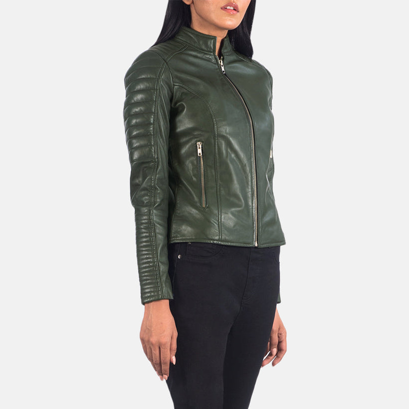 Adalyn Matelassé Vert Veste Motard en Cuir pour Femme