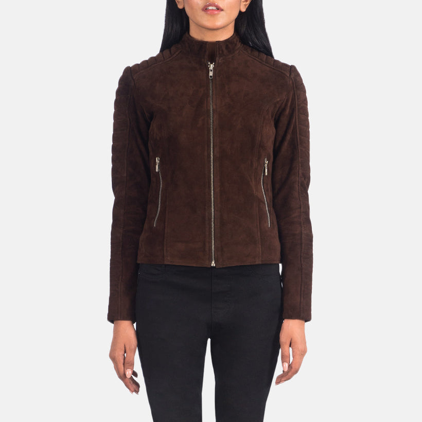 Adalyn Matelassé Mocha Suede Veste Motard en Cuir pour Femme