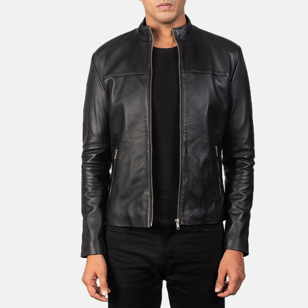 Men's Adornica Noir Veste Motard en Cuir pour Homme in Black Sheepskin Leather - Vue de face &amp; silhouette ajustée | Acheter en ligne