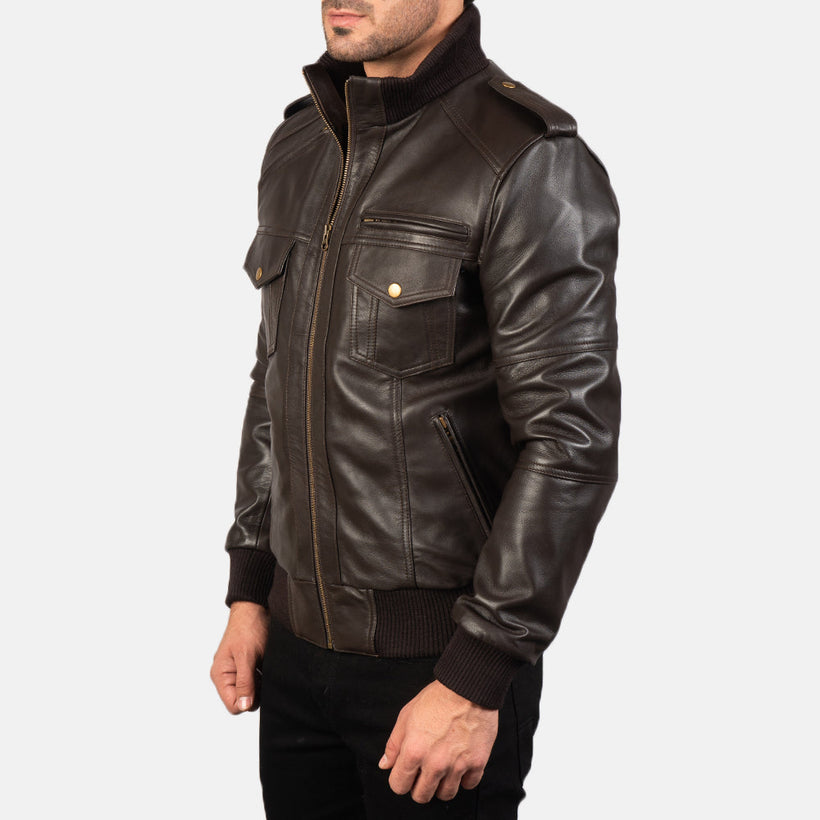 Agent Shadow Marron Blouson Bomber en Cuir pour Homme