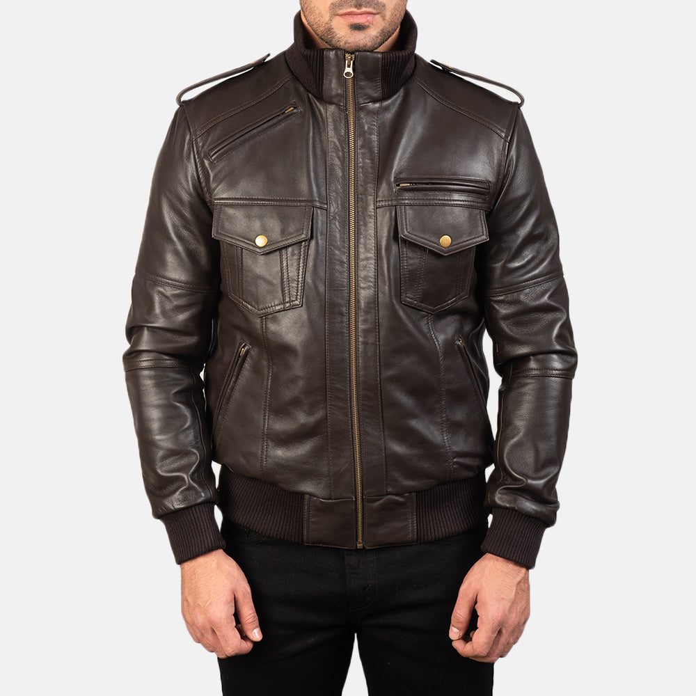 Vue détaillée of High neck &amp; Zipper Hardware on Men's Agent Shadow Brown Leather Bomber Jacket