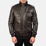 Vue détaillée of High neck &amp; Zipper Hardware on Men's Agent Shadow Brown Leather Bomber Jacket