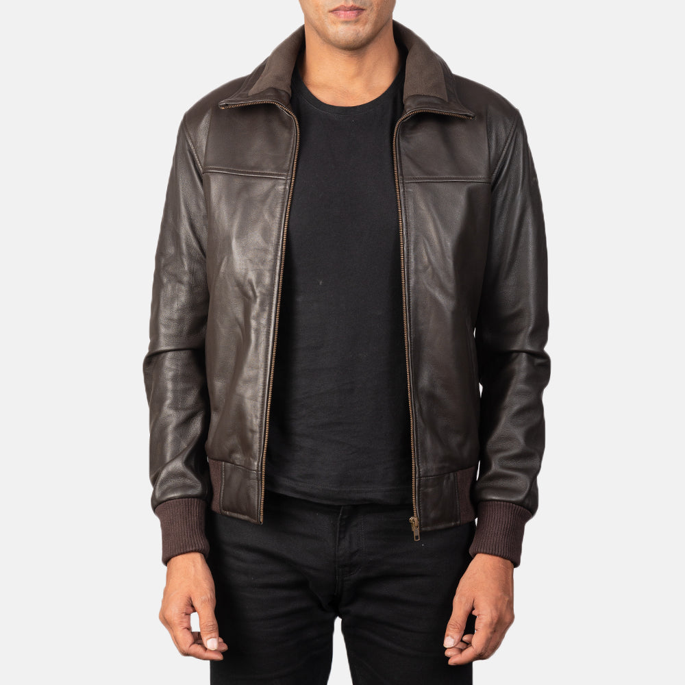 Men's Air Rolf Mocha Brown Leather Bomber Jacket in Dark Brown Sheepskin Leather - Vue de face &amp; silhouette ajustée | Acheter en ligne