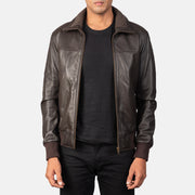 Men's Air Rolf Mocha Brown Leather Bomber Jacket in Dark Brown Sheepskin Leather - Vue de face &amp; silhouette ajustée | Acheter en ligne