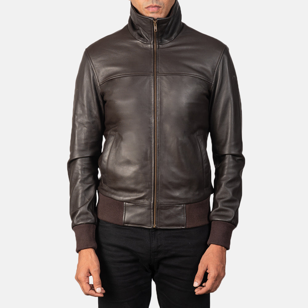 Men's Air Rolf Mocha Brown Leather Bomber Jacket - Vue de profil avec coupe de manche ergonomique