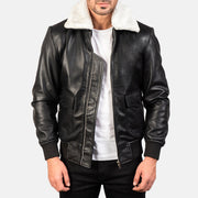 
Airin G-1 Black & White Leather Bomber Jacket in Black Sheepskin Leather - Vue de face & silhouette ajustée | Acheter en ligne