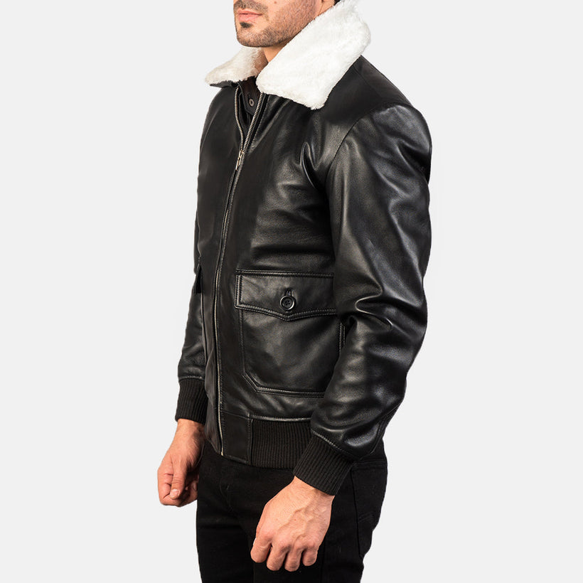 Airin G-1 Noir & Blanc Leather Noir Blanc Blouson Bomber en Cuir pour Homme