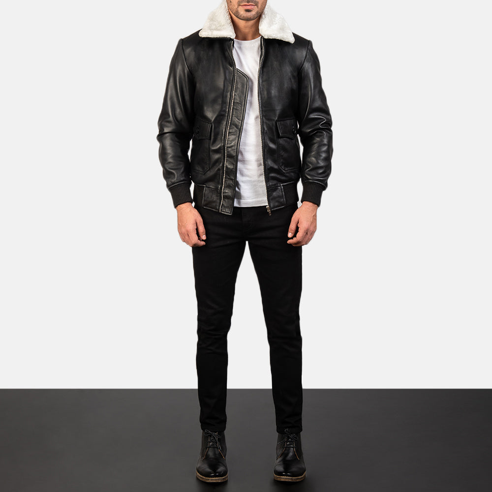 
Airin G-1 Black & White Leather Bomber Jacket - Vue de profil mettant en valeur la coupe de manche ergonomique