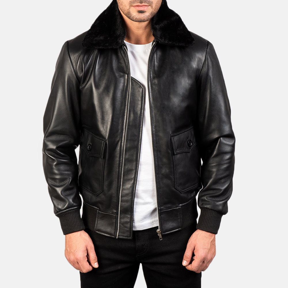 Men's Airin G-1 Noir Blouson Bomber en Cuir pour Homme in Black Sheepskin Leather - Vue de face &amp; silhouette ajustée | Acheter en ligne