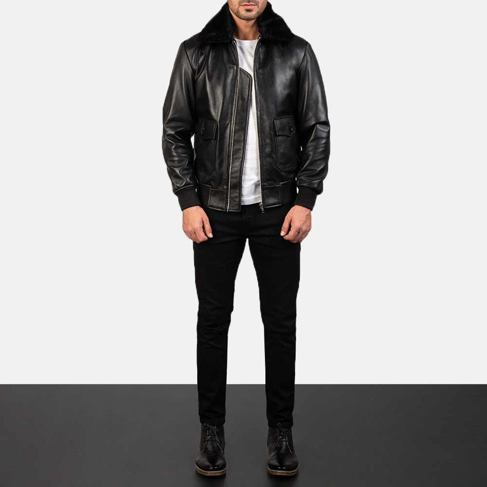 Men's Airin G-1 Noir Blouson Bomber en Cuir pour Homme - Vue de profil avec coupe de manche ergonomique