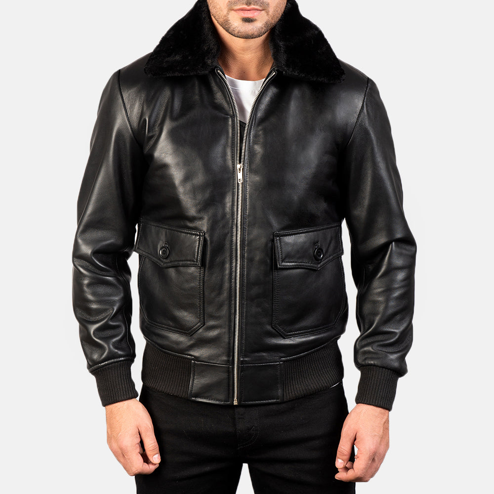 Vue détaillée of Shirt with Removable Fur &amp; Zipper Hardware on Men's Airin G-1 Noir Blouson Bomber en Cuir pour Homme