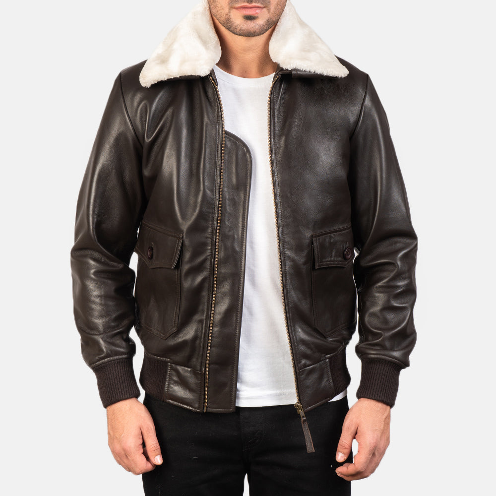 Men's Airin G-1 Marron Blouson Bomber en Cuir pour Homme in Brown Sheepskin Leather - Vue de face &amp; silhouette ajustée | Acheter en ligne