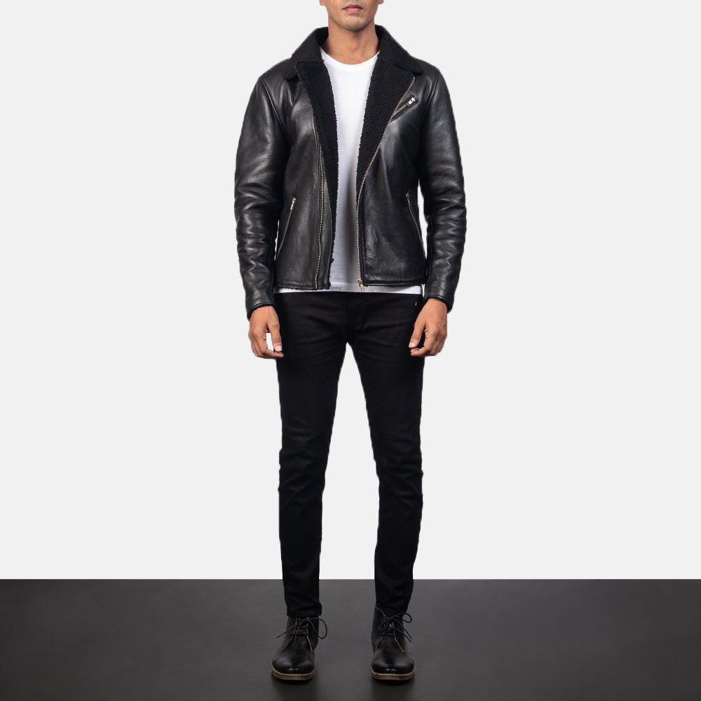 
Vue détaillée of Notch & Zipper Hardware on Alberto Shearling Noir Veste en Cuir pour Homme
