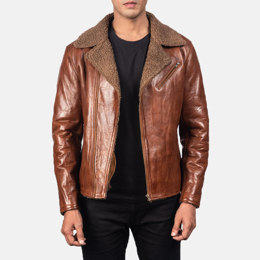 Men's Alberto Shearling Marron Veste en Cuir pour Homme in Brown Sheepskin Leather - Vue de face &amp; silhouette ajustée | Acheter en ligne