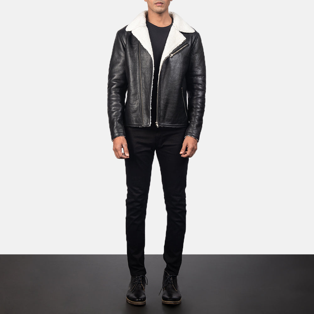 
Vue détaillée of Notch & Zipper Hardware on Alberto Blanc Shearling Noir Veste en Cuir pour Homme
