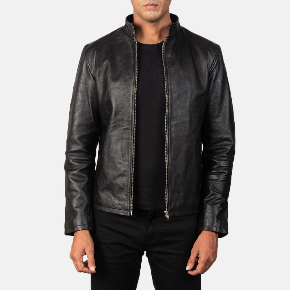 Alex Black Leather Biker Jacket in Black Cowhide Leather - Vue de face &amp; silhouette ajustée | Acheter en ligne