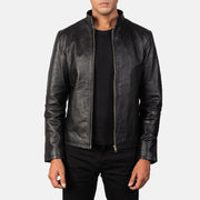 Alex Black Leather Biker Jacket in Black Cowhide Leather - Vue de face &amp; silhouette ajustée | Acheter en ligne