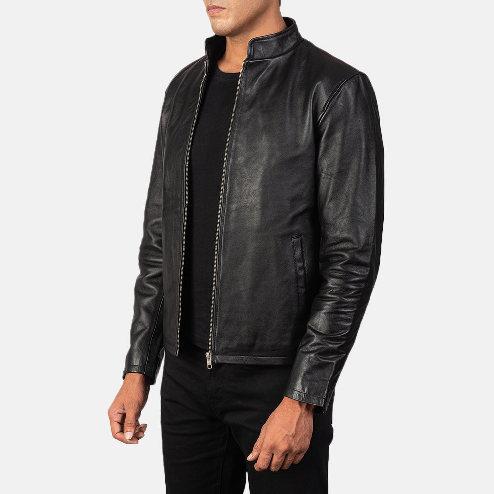 Black Cowhide Leather Biker Jacket - Vue arrière montrant la carrure ajustée et l'ourlet net