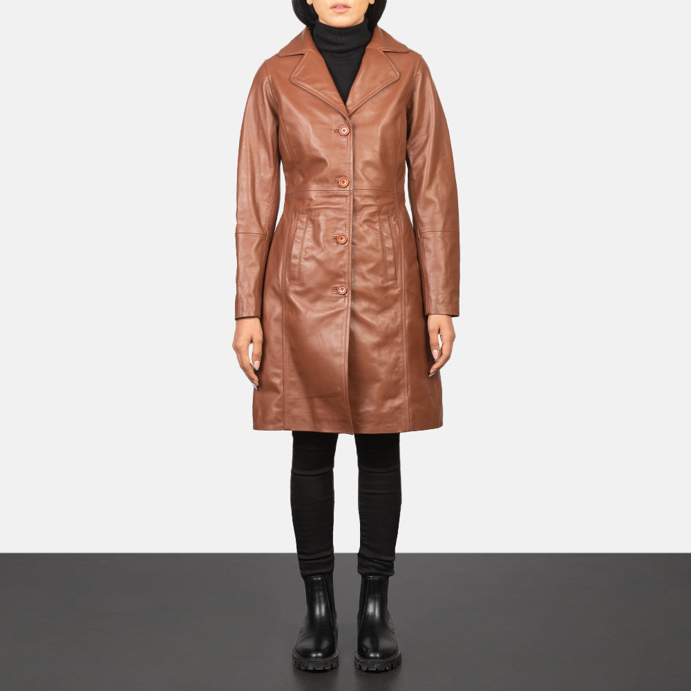 Women's Alexis Marron Single Breasted Manteau en Cuir pour Femme - Vue de profil avec coupe de manche ergonomique