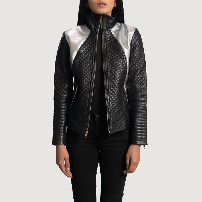 Alia Metallic Noir Veste Motard en Cuir pour Femme