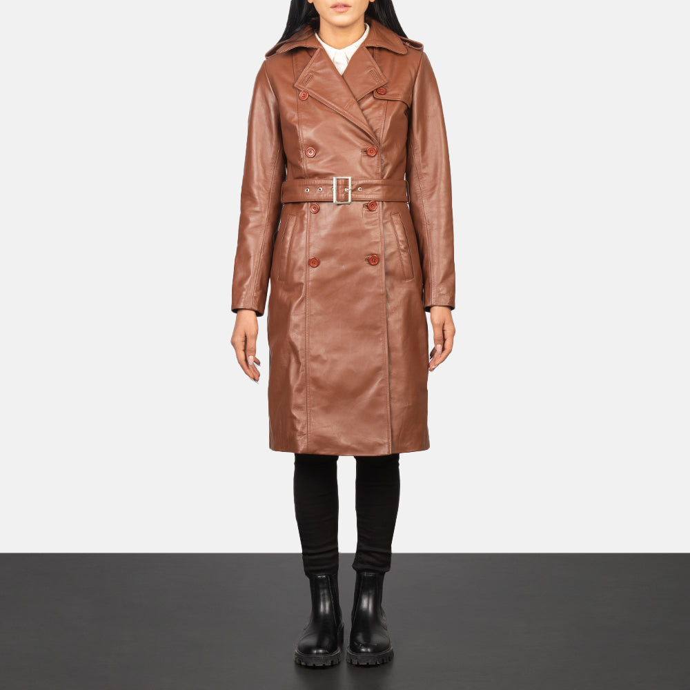 Women's Alice Marron Double Breasted Manteau en Cuir pour Femme in Black Cowhide Leather - Vue de face &amp; silhouette ajustée | Acheter en ligne