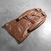 Styled Fit Perspective of Women's Alice Marron Double Breasted Manteau en Cuir pour Femme on Model - Natural Daylight Drape