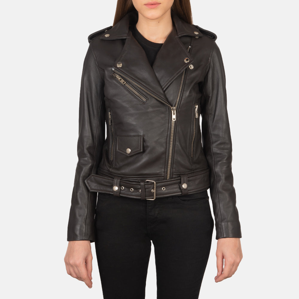 Vue détaillée of Notch &amp; Zipper Hardware on Women's Alison Marron Veste Motard en Cuir pour Femme