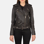 Vue détaillée of Notch &amp; Zipper Hardware on Women's Alison Marron Veste Motard en Cuir pour Femme