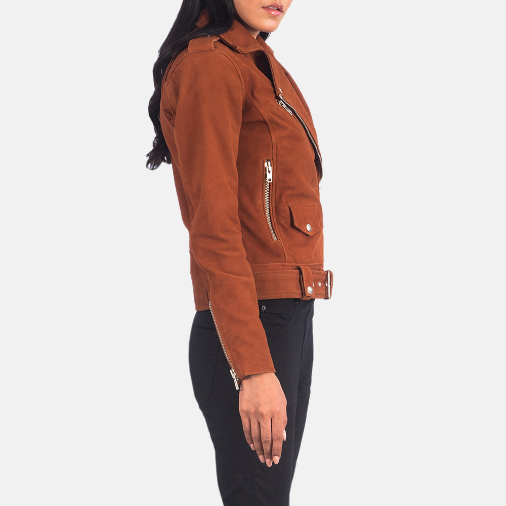 
Brown Goatskin Suede Biker Jacket - Vue arrière montrant la carrure ajustée et l'ourlet net