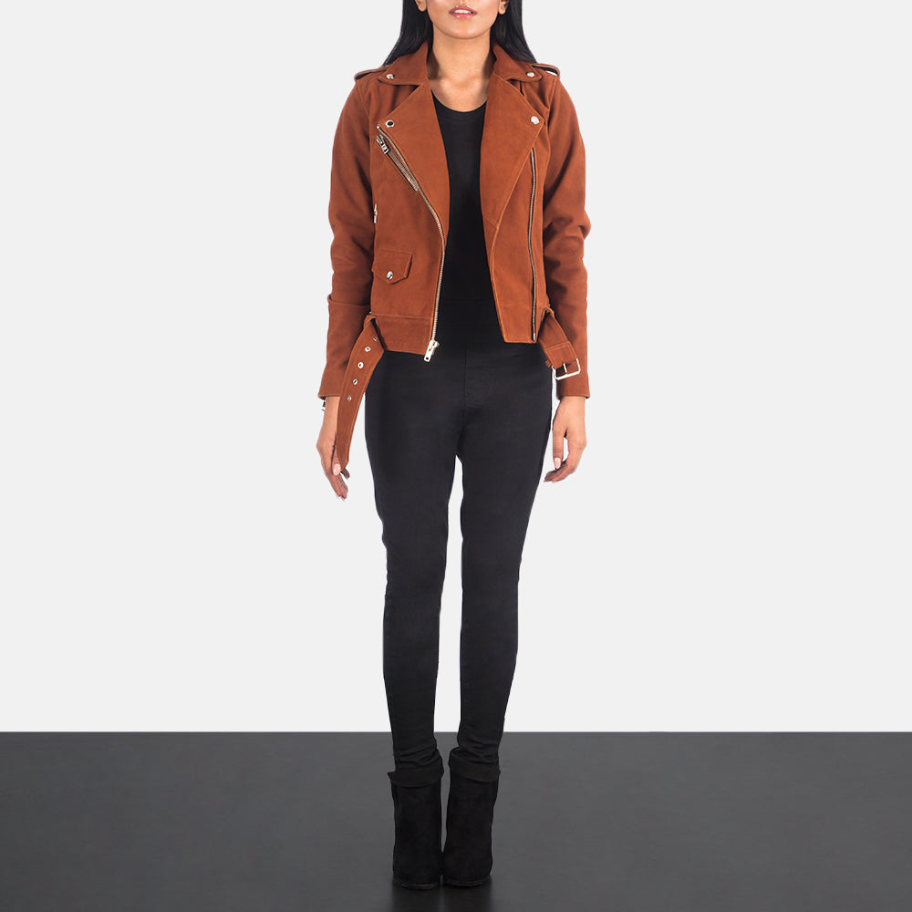 
Alison Marron Suede Veste Motard en Cuir pour Femme - Vue de profil mettant en valeur la coupe de manche ergonomique