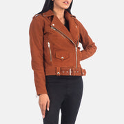 
Vue détaillée of Notch & Zipper Hardware on Alison Marron Suede Veste Motard en Cuir pour Femme