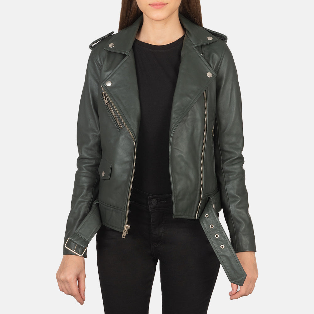 Women's Alison Vert Veste Motard en Cuir pour Femme in Green Sheepskin Leather - Vue de face &amp; silhouette ajustée | Acheter en ligne
