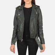 Women's Alison Vert Veste Motard en Cuir pour Femme in Green Sheepskin Leather - Vue de face &amp; silhouette ajustée | Acheter en ligne