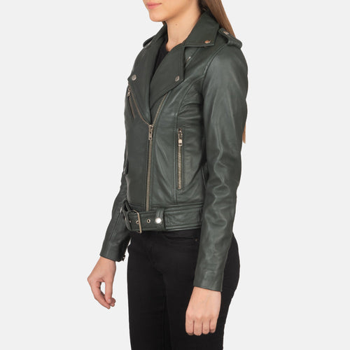Green Sheepskin Leather Biker Jacket - Back View Showing Tailored Shoulder Fit & Clean Hemline