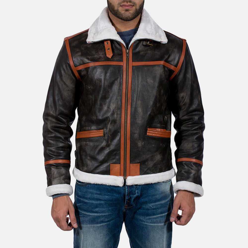 Men's Alpine Marron Fur Veste en Cuir pour Homme in Distressed Brown Goatskin Leather - Vue de face &amp; silhouette ajustée | Acheter en ligne