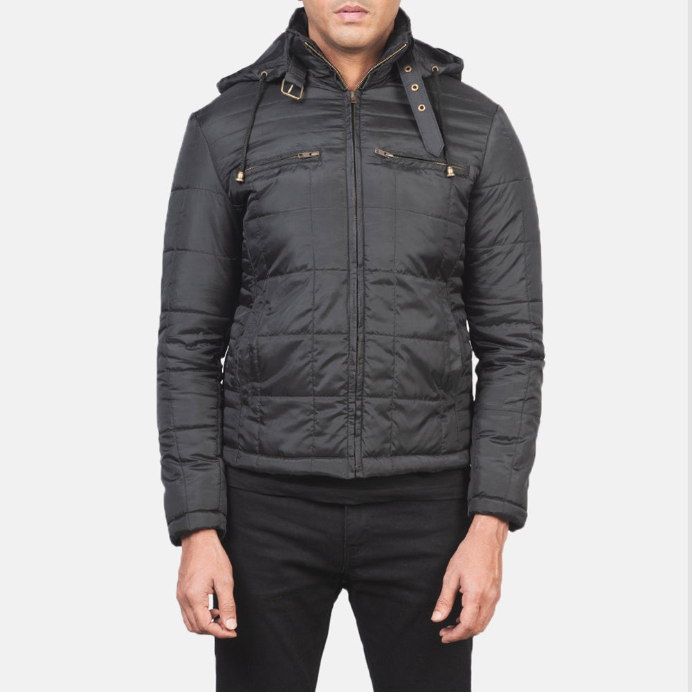 Vue détaillée of High neck with Belt &amp; Zipper Hardware on Men's Alps Quilted Black Windbreaker Jacket